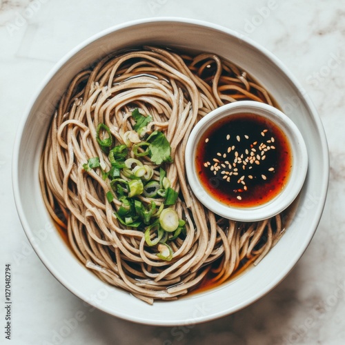 A vibrant bowl of cold soba noodles with a dipping sauce and sliced scallions, served in a white bowl, Noodles centered with a side of dipping sauce