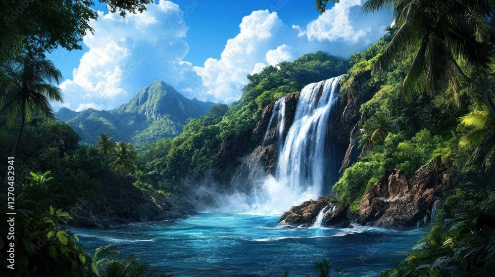 A breathtaking waterfall in a tropical rainforest, surrounded by vibrant green foliage, mist rising from the crashing water A breathtaking waterfall in a tropical rainforest, surrounded by vibrant green foliage, mist rising from the crashing water