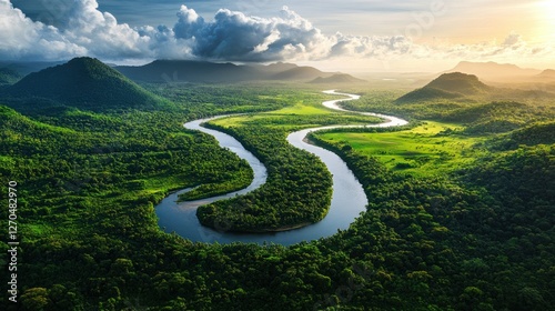 A breathtaking aerial view of a winding river through a dense jungle, golden light shining through the clouds at sunrise. --ar 16:9 --profile 8ja33vp