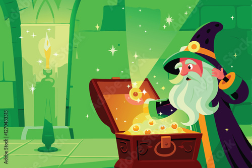 An aged wizard, robes flowing, dramatically opens an ornate, ancient chest overflowing with glowing magical artifacts.  Intricate details.