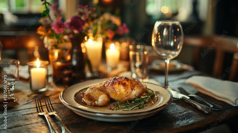A beautifully set table featuring a roasted chicken dish with flowers and candles. A beautifully set table featuring a roasted chicken dish with flowers and candles.