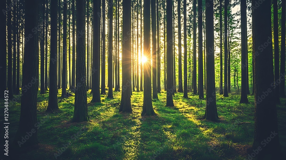 Fototapeta premium Sunset Glows Through Tall Trees In A Lush Forest