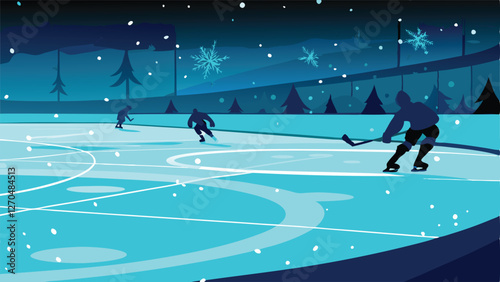 A brightly lit ice hockey rink at night, showcasing glowing white lines on the ice surface, with a light dusting of fresh snow.