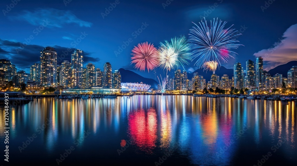 Obraz premium A fireworks display lighting up the night sky, with bursts of red, blue, green, and gold reflecting over a calm city river