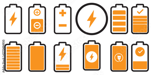 Set of vertical battery level indicators in percentage vector. Battery indicator symbols. 0-100 percent.