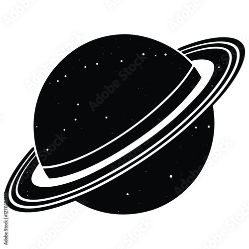 Black and White Illustration of a Planet with a Ring System