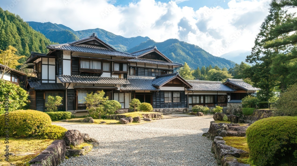a historic Japanese castle with stone walls and curved roofs, towering against a scenic mountain backdrop a historic Japanese castle with stone walls and curved roofs, towering against a scenic mountain backdrop