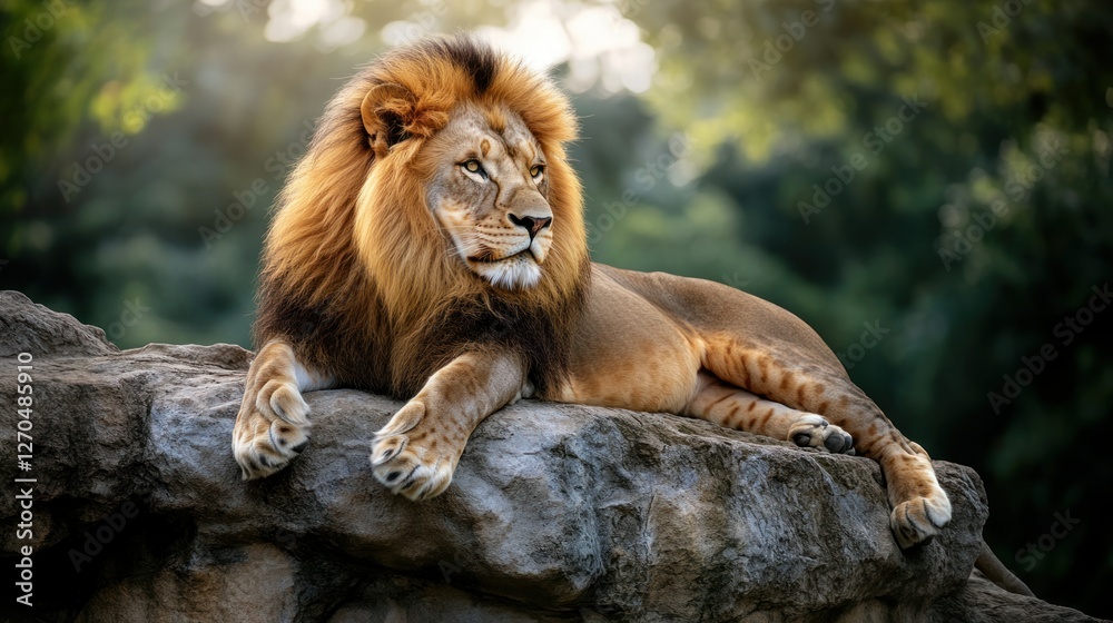 Naklejka premium A lion resting on a rocky ledge, its golden mane illuminated by sunlight as it watches over its territory inside a zoo habitat.