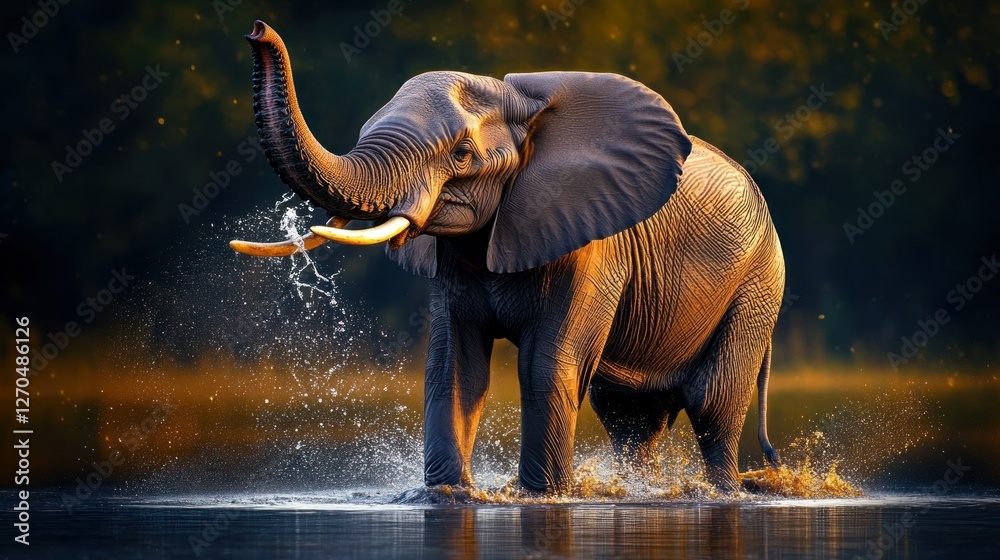 Fototapeta premium A massive African elephant spraying water with its trunk, creating a beautiful splash in the golden light of the late afternoon sun.