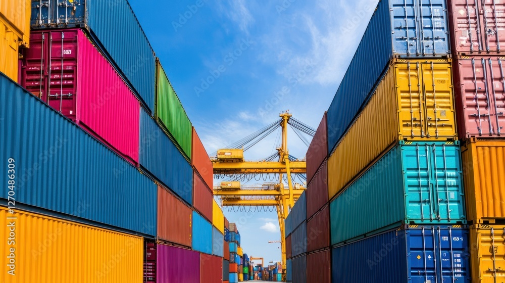 Fototapeta premium A massive shipping container yard filled with colorful stacked containers under a bright blue sky, with cranes in the background.