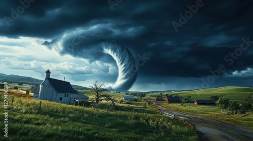 A massive tornado rips through a rural farmland, uprooting trees and destroying barns under a dark, stormy sky. Debris swirls violently in the air