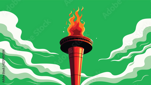 Vividly detailed image of an Olympic torch, flames exhibiting fiery red and orange layers, showcasing intricate texture and realistic fire effects.