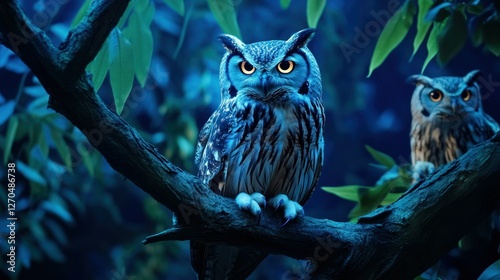 A nocturnal zoo exhibit featuring glowing-eyed owls perched on tree branches under dim, mysterious lighting