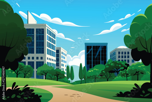 A modern, sustainable urban development seamlessly integrated into a lush, green natural environment; showcasing eco-friendly architecture and landscaping.