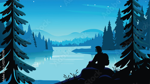 A lone hiker takes a peaceful rest beside a tranquil, babbling brook in a sun-dappled forest.  Detailed, realistic depiction.