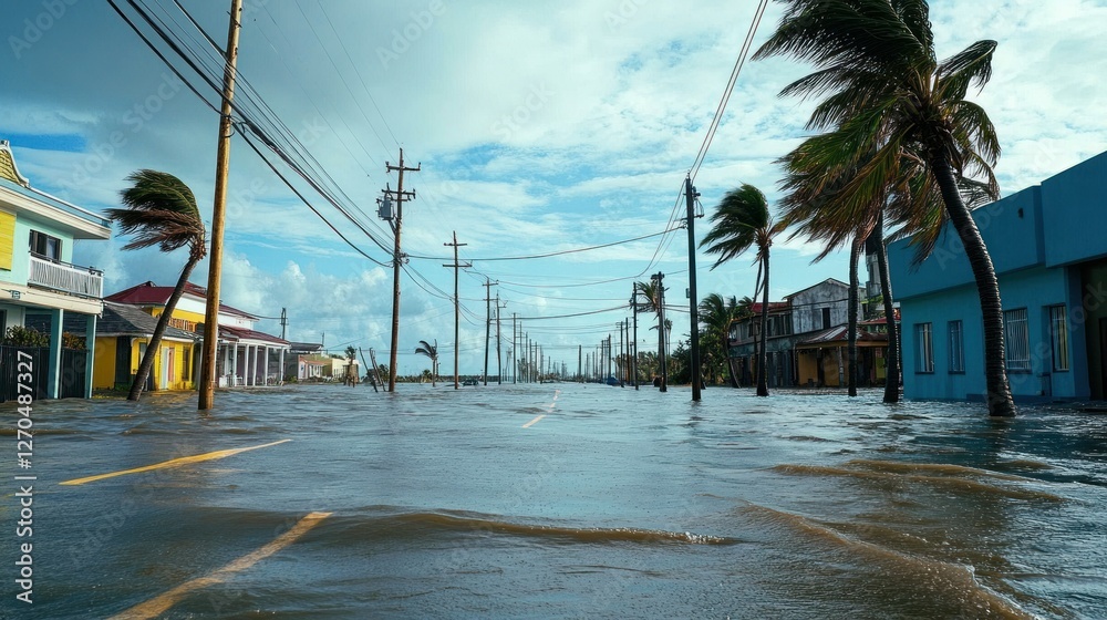 A powerful hurricane makes landfall, bringing fierce winds and torrential rain that flood entire neighborhoods and topple power lines