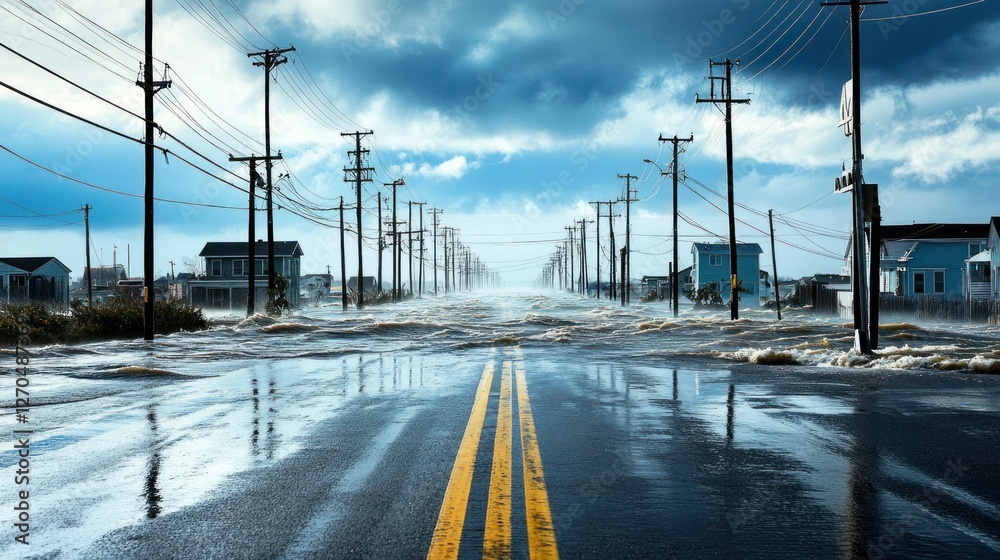 A powerful hurricane makes landfall, bringing fierce winds and torrential rain that flood entire neighborhoods and topple power lines