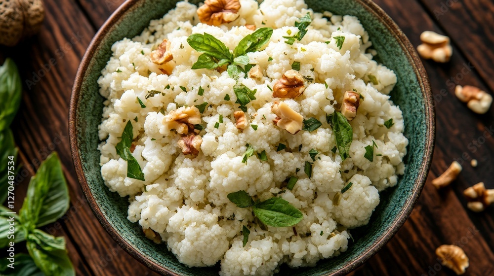 A bowl of cauliflower rice garnished with herbs and nuts. A bowl of cauliflower rice garnished with herbs and nuts.