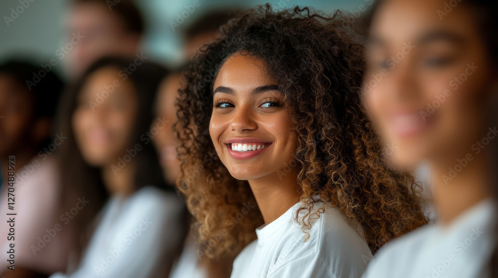 Obraz premium A female student in the foreground has curly hair and is wearing a white shirt and jeans, while the other students are wearing casual, generative AI