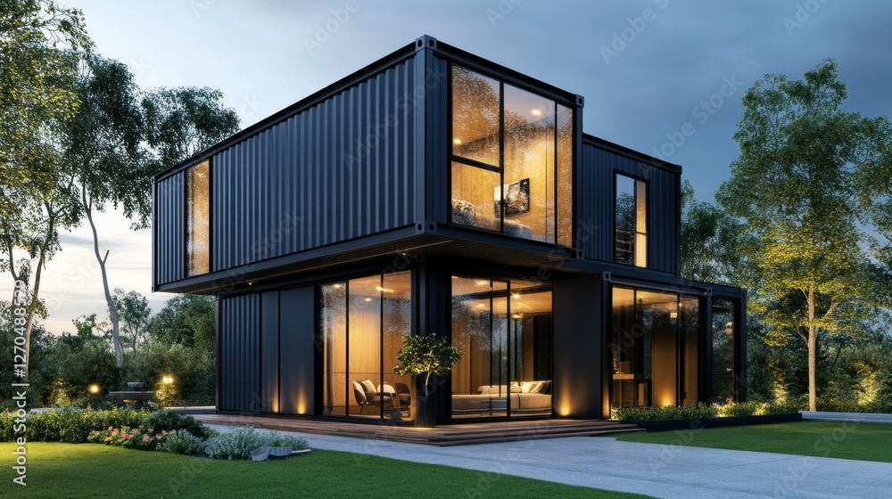 A stylish two-story container home with a rooftop terrace, illuminated by warm outdoor lighting during sunset. A stylish two-story container home with a rooftop terrace, illuminated by warm outdoor lighting during sunset.