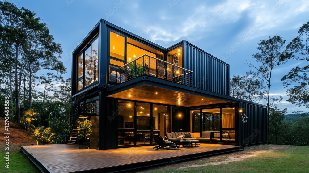 A stylish two-story container home with a rooftop terrace, illuminated by warm outdoor lighting during sunset. A stylish two-story container home with a rooftop terrace, illuminated by warm outdoor lighting during sunset.