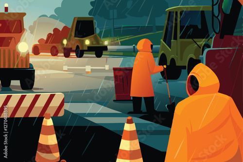 Depict a realistic scene of road construction during a heavy downpour, showcasing workers in high-visibility gear operating machinery.