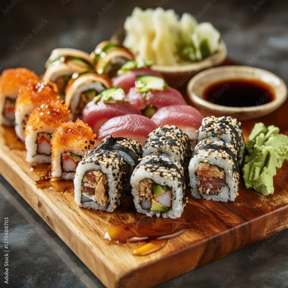 A vibrant sushi platter with an assortment of rolls including California rolls and spicy tuna rolls, served on a wooden board, Sushi platter centered with a side of soy sauce A vibrant sushi platter with an assortment of rolls including California rolls and spicy tuna rolls, served on a wooden board, Sushi platter centered with a side of soy sauce