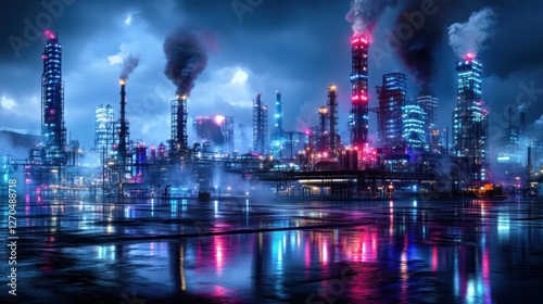 Wallpaper Mural A surreal oil refinery with colorful neon lights illuminating the entire industrial complex, creating a cyberpunk aesthetic Torontodigital.ca