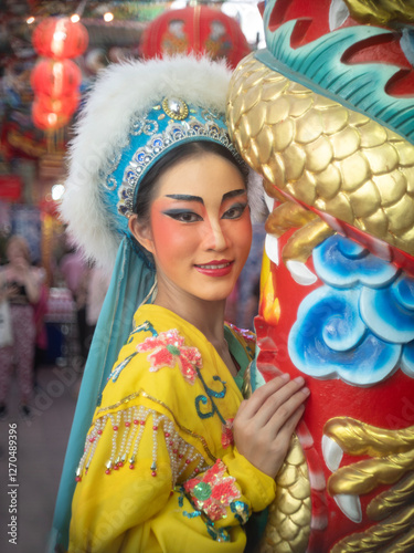 Obraz na płótnie Beautiful young woman with Chinese Opera dress in Chiang Mai, Thailand. w salonie