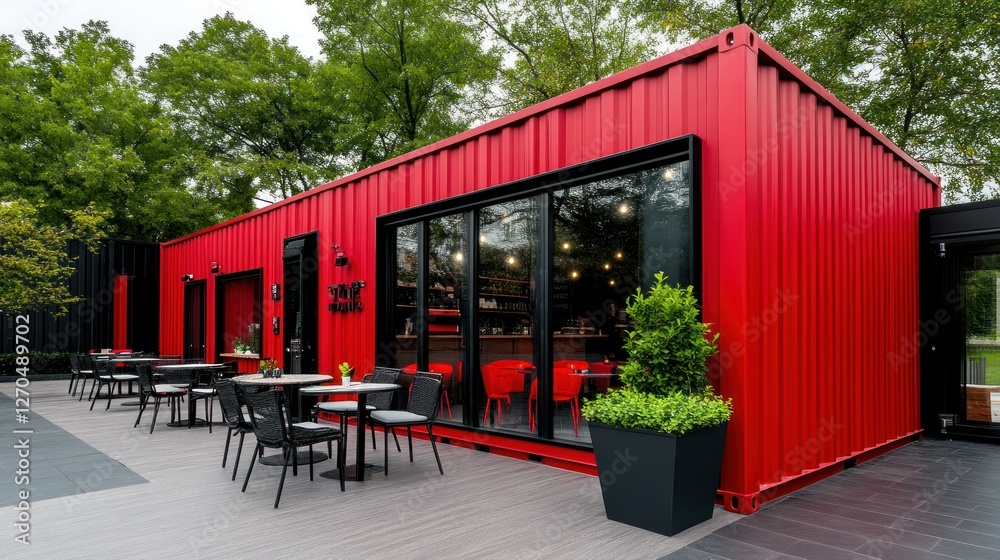 A vibrant red shipping container home converted into a stylish caf, featuring large glass doors and outdoor seating.