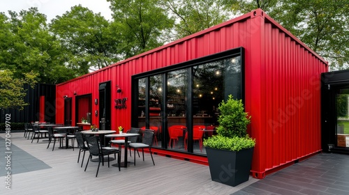 Obraz na płótnie A vibrant red shipping container home converted into a stylish caf, featuring large glass doors and outdoor seating. w salonie