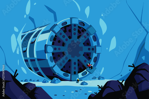 A colossal tunnel boring machine (TBM) actively excavating, showcasing its cutter head and the freshly cut tunnel face.  Detailed depiction of the machine's components and the rock/soil being removed.