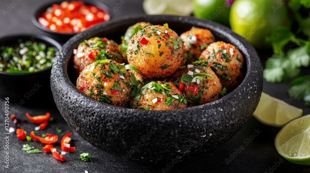 A bowl of colorful, herb-infused dumplings garnished with spices and served with sauces. A bowl of colorful, herb-infused dumplings garnished with spices and served with sauces.