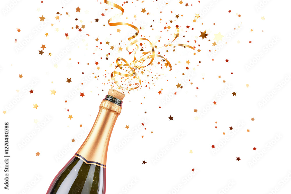 Fototapeta premium Champagne bottle popping with golden ribbons and star confetti, isolated on white background. Festive celebration concept. Ai generative