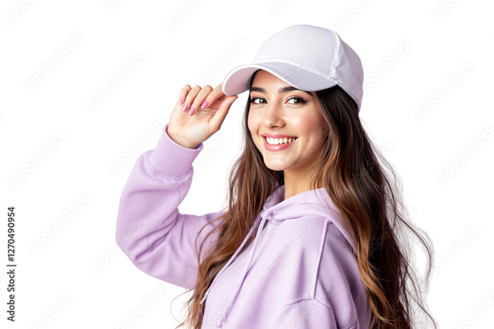 Happy woman wearing a lilac hoodie and white cap, adjusting it with her hand, smiling on a white background. Fashion and casual style concept. Ai generative Happy woman wearing a lilac hoodie and white cap, adjusting it with her hand, smiling on a white background. Fashion and casual style concept. Ai generative