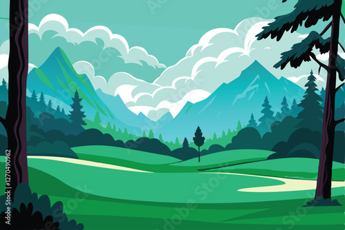 Dramatic mountain vista overlooking a pristine golf course; lush greens, majestic peaks, and a breathtaking sunset.