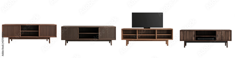 Stylish and sleek modern minimalist wood and black media console entertainment center for living room Functional storage cabinet with open shelves to display TV books decor Stylish and sleek modern minimalist wood and black media console entertainment center for living room Functional storage cabinet with open shelves to display TV books decor