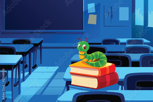A whimsical illustration of a caterpillar wearing glasses, surrounded by books in a brightly lit school classroom.  Focus on detail and charm.
