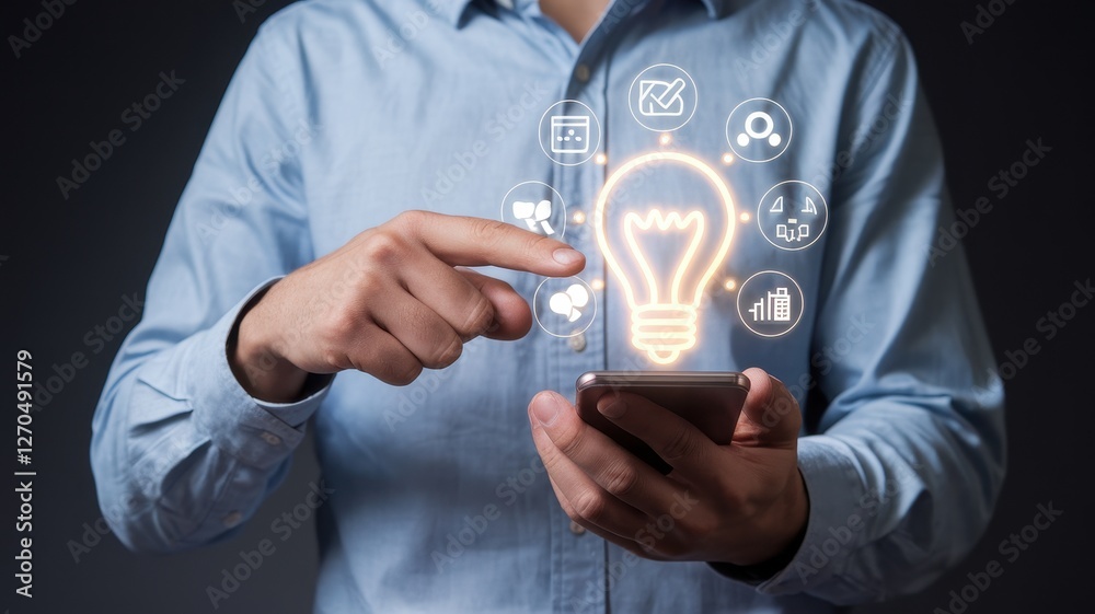 Person interacting with digital lightbulb and icons on phone Person interacting with digital lightbulb and icons on phone