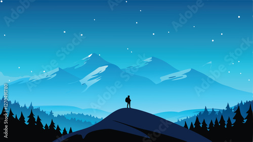 A solitary hiker silhouetted against a majestic, snow-capped mountain range at sunset; tranquil alpine lake reflects the vibrant sky.