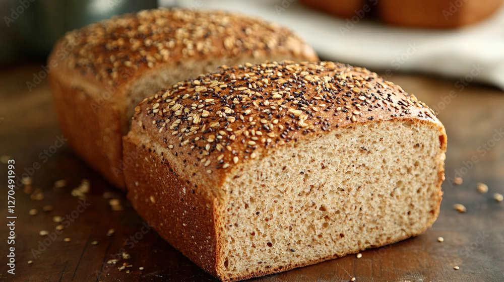 Whole grain bread loaves with sesame seeds on top, showcasing rustic texture and healthy appeal. Perfect for sandwiches or toasting, these loaves are wholesome choice Whole grain bread loaves with sesame seeds on top, showcasing rustic texture and healthy appeal. Perfect for sandwiches or toasting, these loaves are wholesome choice