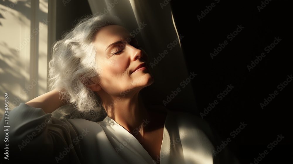 Serene Solitude: An elegant older woman with silver hair enjoys the warm sunlight filtering through a window, creating a tranquil atmosphere of peaceful reflection. Serene Solitude: An elegant older woman with silver hair enjoys the warm sunlight filtering through a window, creating a tranquil atmosphere of peaceful reflection.