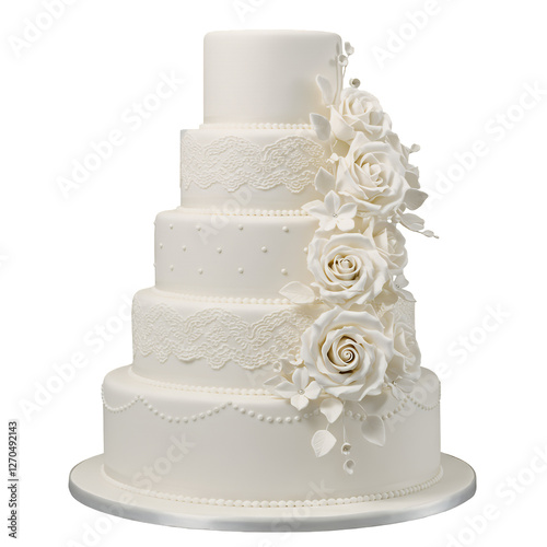 Elegant Five Tier Wedding Cake with White Roses and Lace Details on Transparent Background