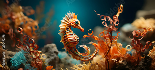 A miniature seahorse world model was created using delicate origami techniques to create a three-dimensional effect