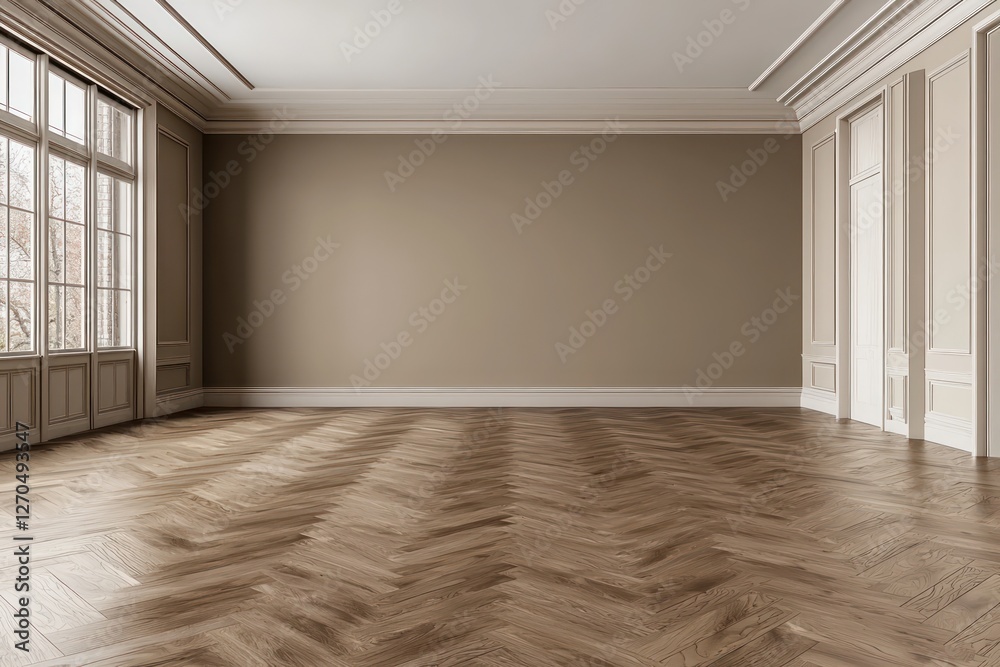 Obraz premium Mocha colored large room, beige walls, natural wood floor, interior mockup.