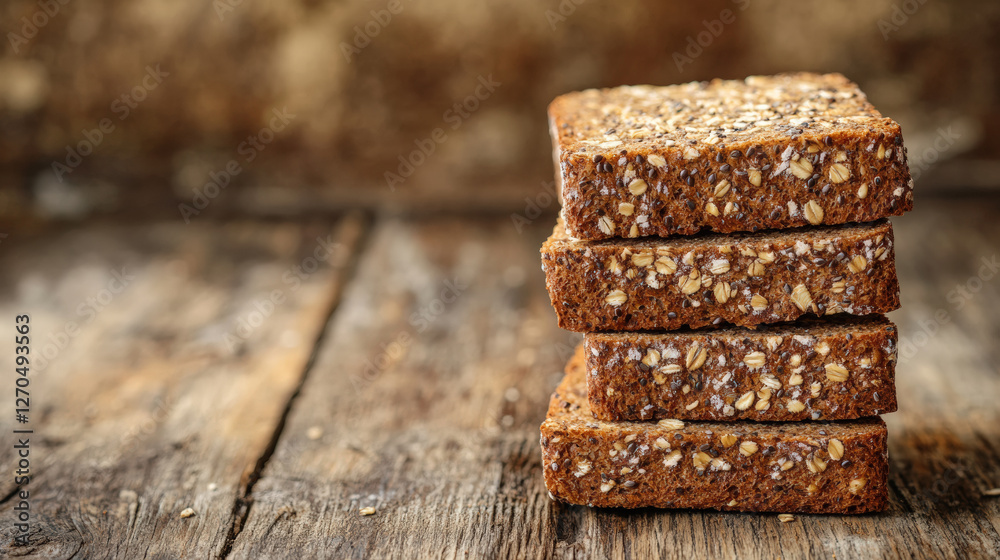 Healthy whole grain bread slices stacked on rustic wooden table, showcasing nutritious option for meals. Perfect for sandwiches or toasting Healthy whole grain bread slices stacked on rustic wooden table, showcasing nutritious option for meals. Perfect for sandwiches or toasting