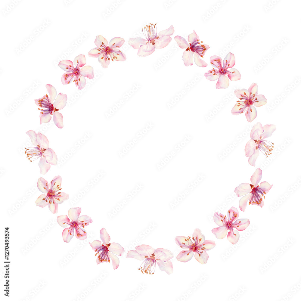 Wreath of sakura flowers isolated on a white background. Spring blooming cherry blossom flowers for Hanami festival. Delicate shades of pink, lilac, violet petals. Watercolor template for card, poster Wreath of sakura flowers isolated on a white background. Spring blooming cherry blossom flowers for Hanami festival. Delicate shades of pink, lilac, violet petals. Watercolor template for card, poster