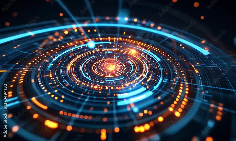 Futuristic digital circle design, swirling lights in dark background Futuristic digital circle design, swirling lights in dark background