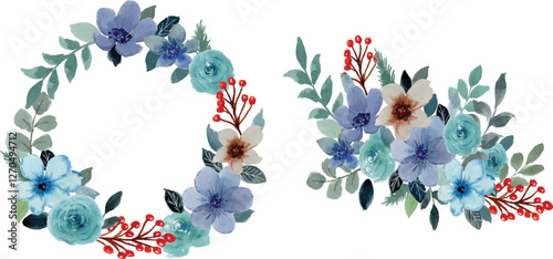 green rose, blue and cream flower with berry wreath and bouquet 