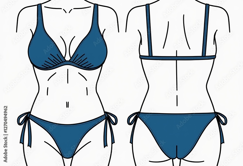 Φωτογραφία Bikini Top and Bottom Fashion Flat Technical Drawing Template: Bikini Technical Fashion Illustration, Front and Back View, White & Blue, Women's Swimwear CAD Mockup Set for Design and Manufacturing